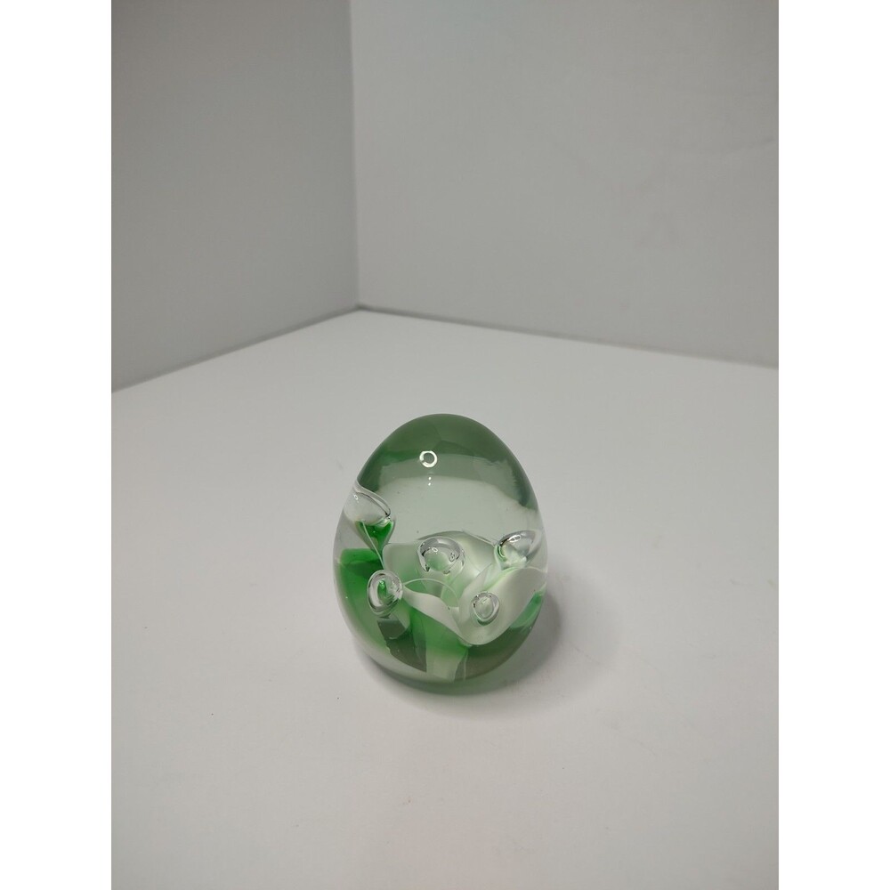 Vintage Hand Blown Glass Egg Paperweight White Lily Green Controlled Bubbles